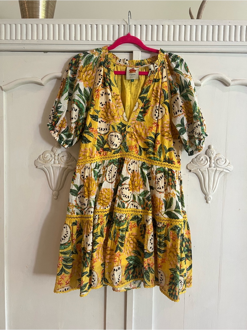 Farm Rio Yellow Pineapple Print Tiered Mini Dress S